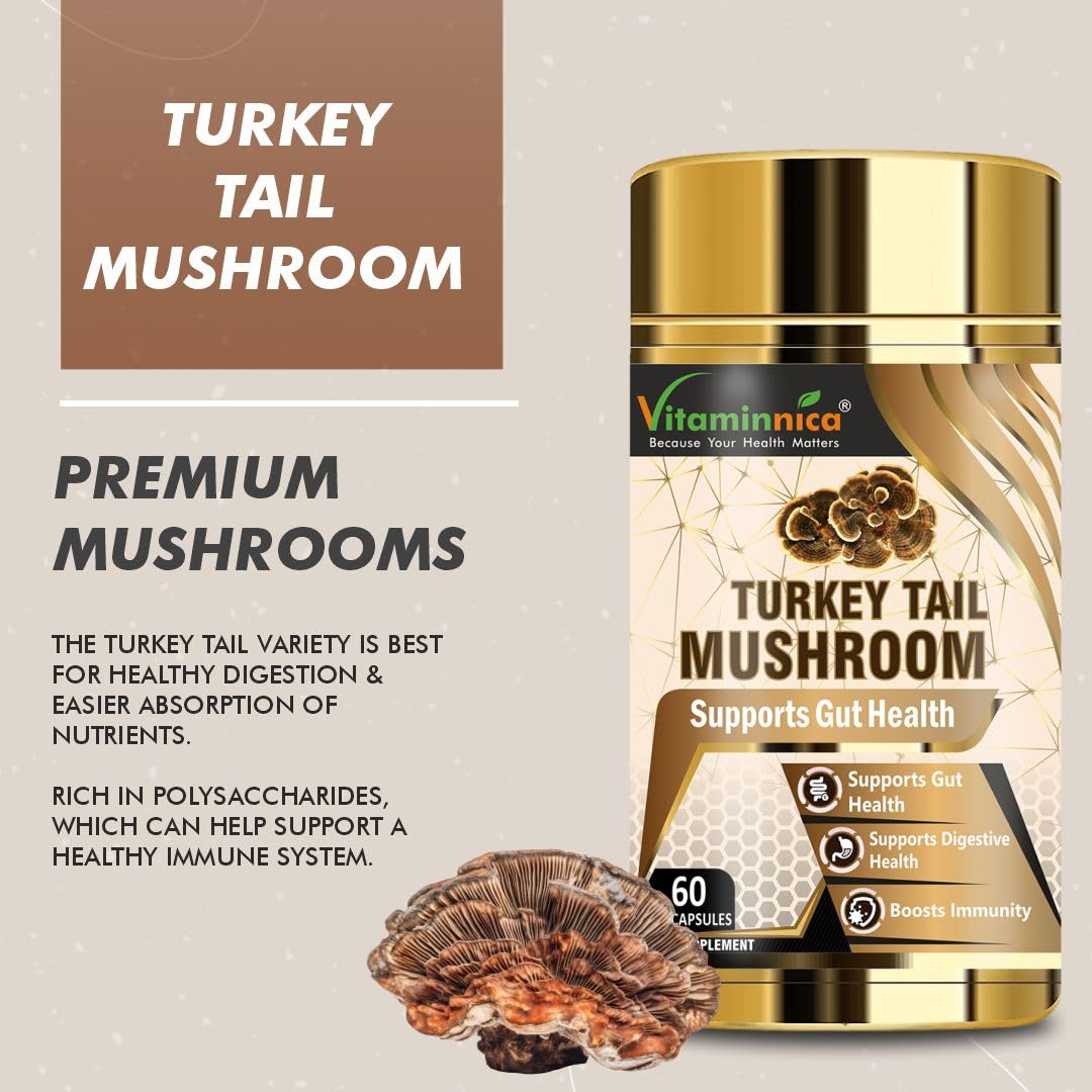Vitaminnica Turkey Tail Mushroom Supplement 500mg- 60 High Strength Vegan Capsules | Nootropics for Gut Health