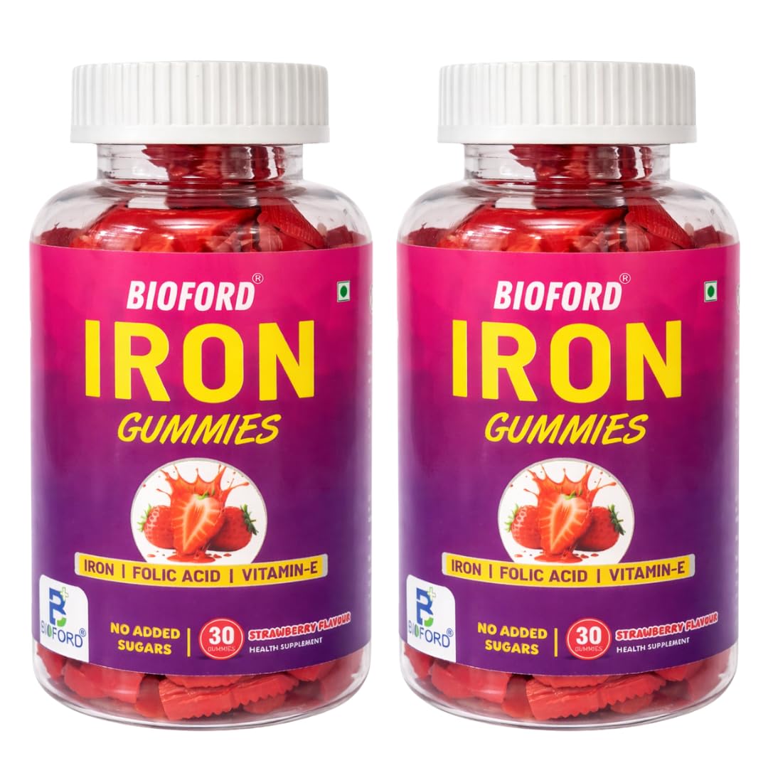 Bioford Iron Gummies With Folic Acid & Vitamin E | Strawberry Flavour | No Sugar Added | 60 Gummies | Supports Hemoglobin, Energy & Immunity