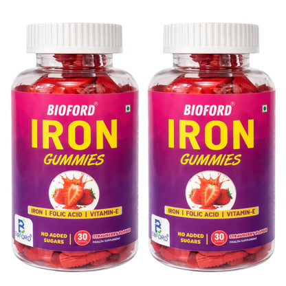 Bioford Iron Gummies With Folic Acid & Vitamin E | Strawberry Flavour | No Sugar Added | 60 Gummies | Supports Hemoglobin, Energy & Immunity