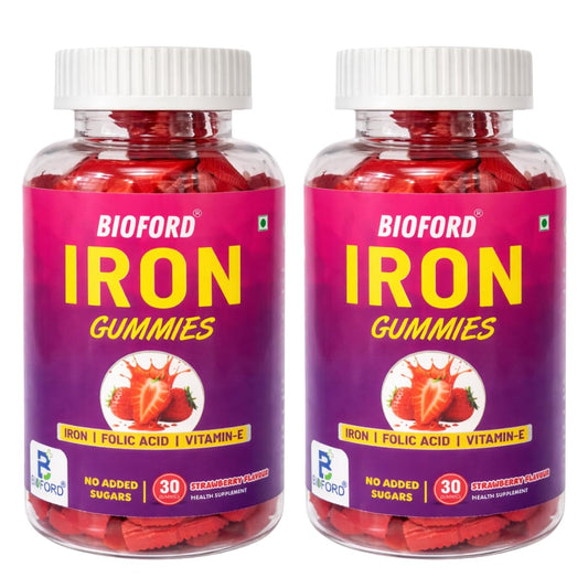 Bioford Iron Gummies With Folic Acid & Vitamin E | Strawberry Flavour | No Sugar Added | 60 Gummies | Supports Hemoglobin, Energy & Immunity