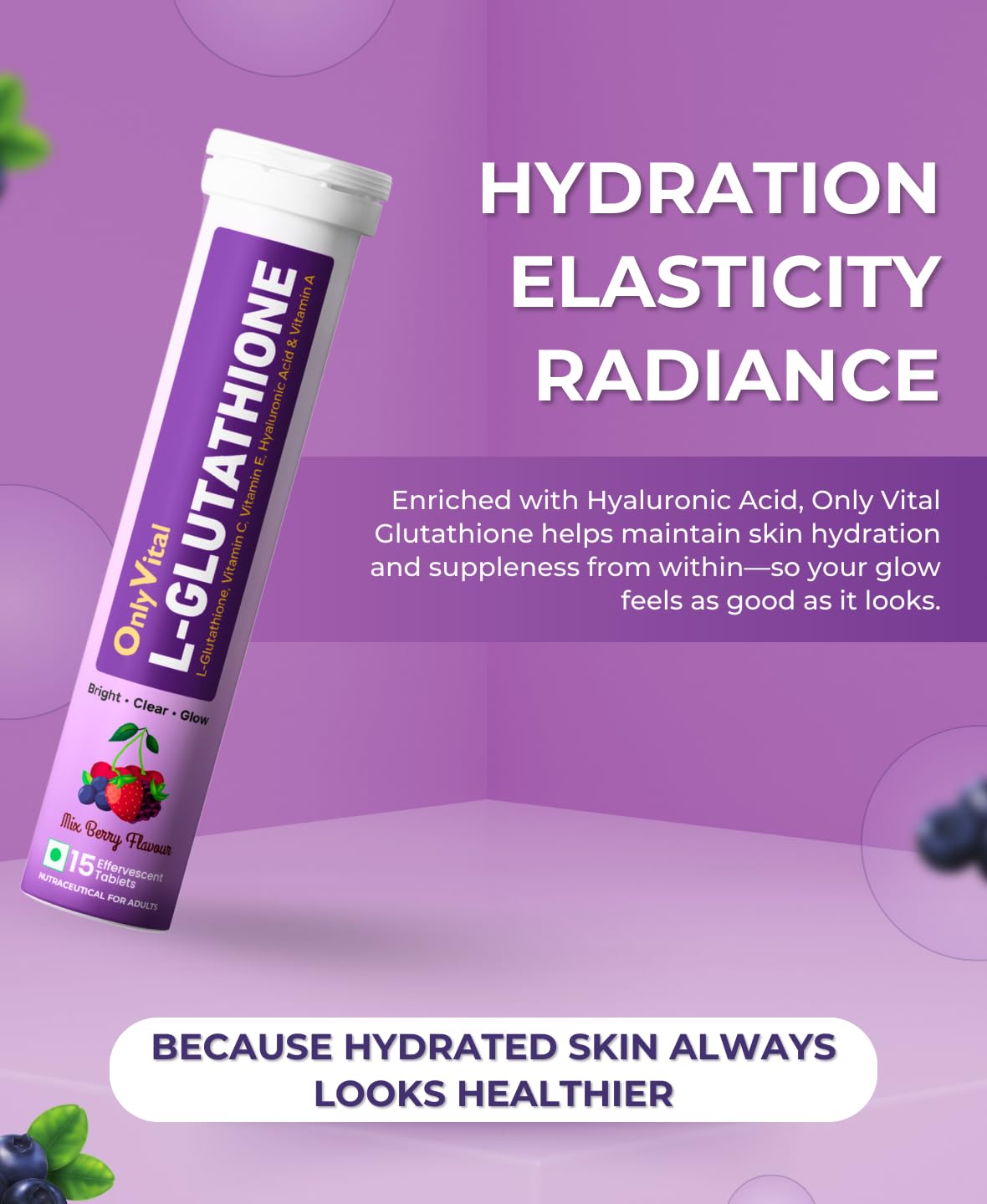 OnlyVital L-Glutathione Effervescent Tablets with Vitamin C, Vitamin E, Hyaluronic Acid & Vitamin A | Skin Brightening & Glow Support | Mixed Berry Flavour | (1)