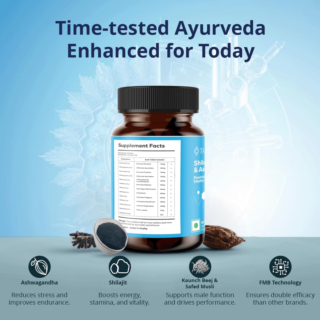 Not Shy TABB-69 | Ayurvedic Supplement with Shilajit, Ashwagandha, Kaunch Beej Safed Musli extracts, supports Energy, Stamina & Performance | 1 Bottle of 60 Tablets.