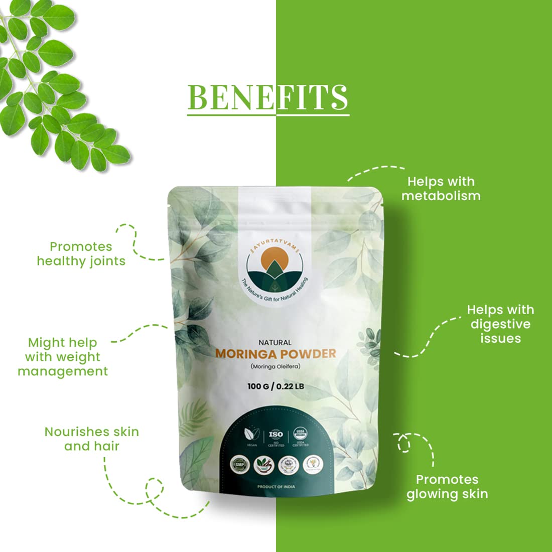 Ayurtatvam Natural Moringa Leaf Powder 100g- Supercharge Your Health with Nature's Green Miracle" - Helps in Weight Control | Anti-Oxidant, Immunity Boost & Energy