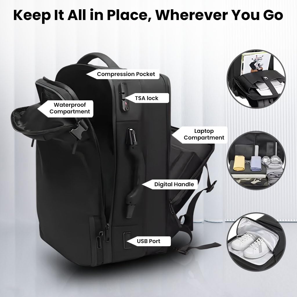 TECPHILE AirPack Backpack with Vacuum Compression 60L Large Capacity Expandable Bag, 19” Laptop Compartment, Waterproof, TSA Lock, Anti-Theft, Charging Port Electronic Weighing Handle (with Pump)
