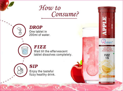 Raskam ACV Apple Cider Vinegar Effervescent Fizz 15 Tablets - For Weight Loss | Refreshing Detox & Metabolism Boost, No added Sugar (Pack of 1), Orange Flavour