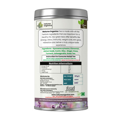 Natures Organica Diabetic Care Green Tea 100g | Herbal Anti-Diabetic Wellness with Gymnema Sylvestre, Jamun Seeds, Paneer Dodi, Giloy & Cinnamon | Supports Healthy Sugar Levels | Premium Darjeeling Green Tea Leaves