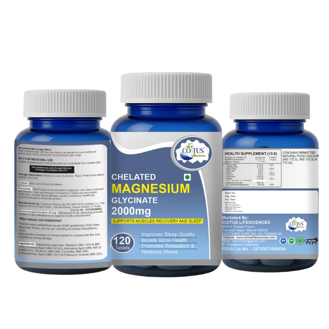 Magnesium Glycinate Tablets | High Absorption Chelated form for Muscle Recovery, Sleep & Nerve Health | 2000mg Per Serving – 60 Veg Tablets