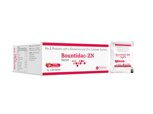Bountidac-ZN Pre & Probiotic Sachets with L-Glutamine and Zinc Sulphate | Strawberry Flavour | 1g | 50 Sachets | Gelmek
