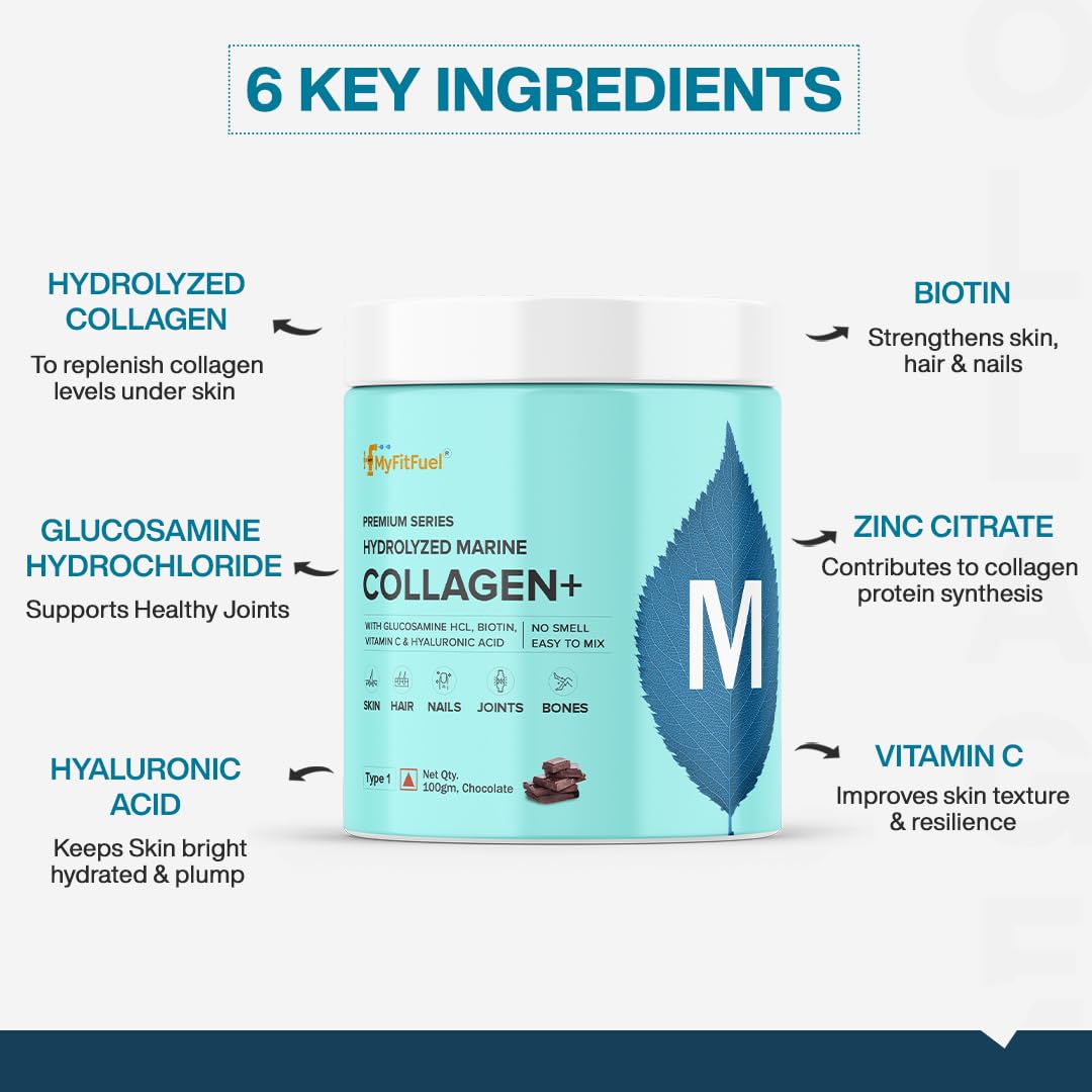 MyFitFuel Hydrolyzed Marine Collagen with Glucosamine, Hyaluronic Acid, Biotin, Zinc & Vitamin C | For Skin, Hair, Nails & Joints (Orange, 200 gm)