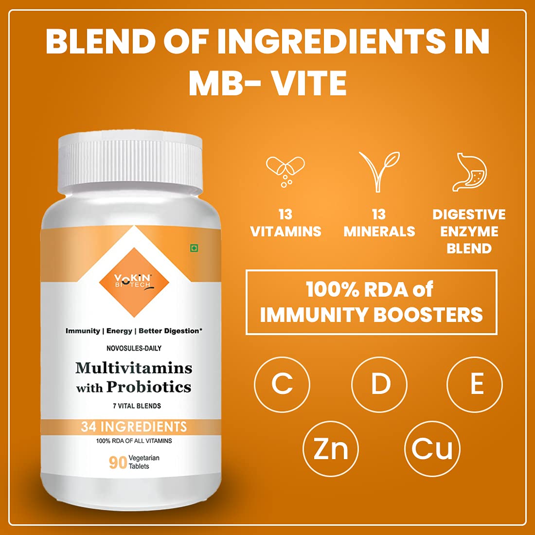 Vokin Biotech Multivitamin with Probiotics, With Vitamin C, Vitamin B, Vitamin D, Zinc, Supports Immunity and Gut health, For Men and Women (Multivitamin With Probiotics) (90 Tablets)