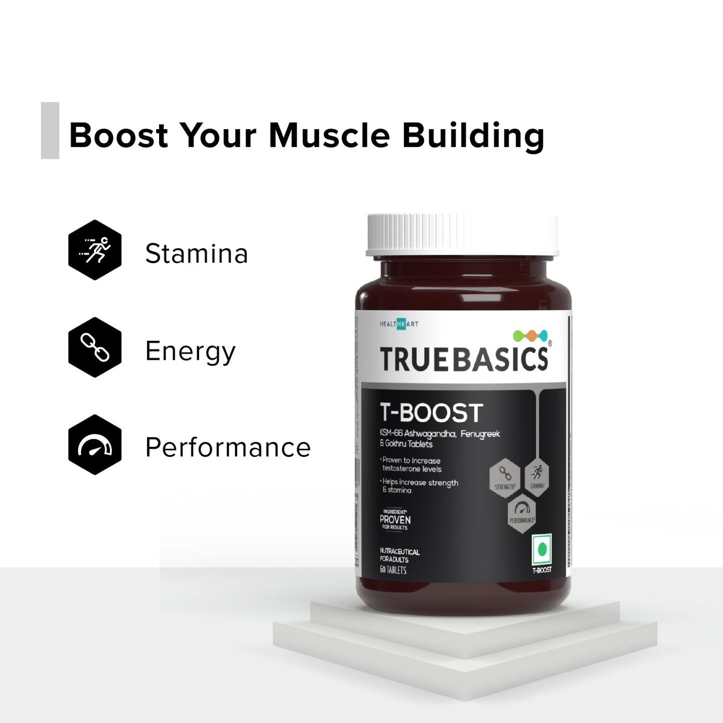 TrueBasics T-Boost, Testosterone Supplement for Men (60 Tablets) | With KSM 66 Ashwagandha, Safed Musli, Gokshura, & Ginseng | For Energy, Stamina & Muscle Strength