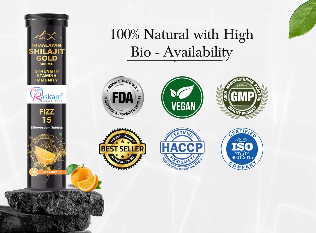Raskam Shilajit Gold Fizz 15 Effervescent Tablets (Pack of 2) | With Ashwagandha, Gokshura & Safed Musli for Strength | Pure Himalayan Shilajit Gold For Men & Women in Orange Flavour, 500mg