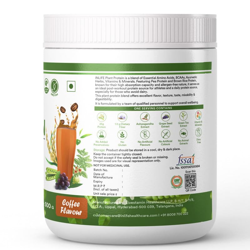 INLIFE Plant Protein Powder - Pea, Quinoa & Brown Rice - 25g Protein -- image 2