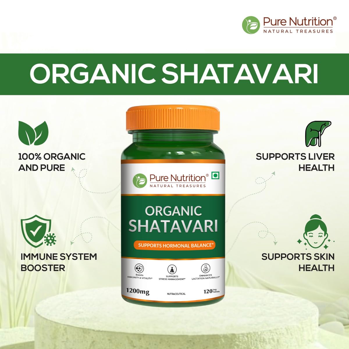 Pure Nutrition Organic Shatavari 120 Tablets | Ayurvedic Herbal Supplement for Women’s Hormone Balance & Wellness | Boosts Immunity, Supports Digestion & Overall Vitality