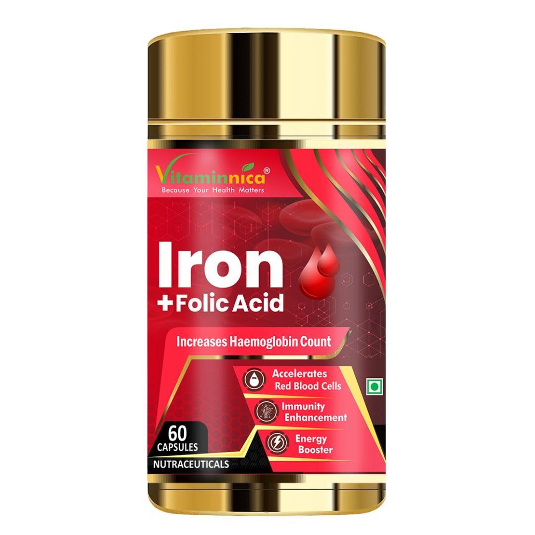 Vitaminnica Iron + Folic Acid Supplement with Vitamin C and Vitamin B12 - Helps to Increase Haemoglobin Level | 60 Capsules (Pack of 1)