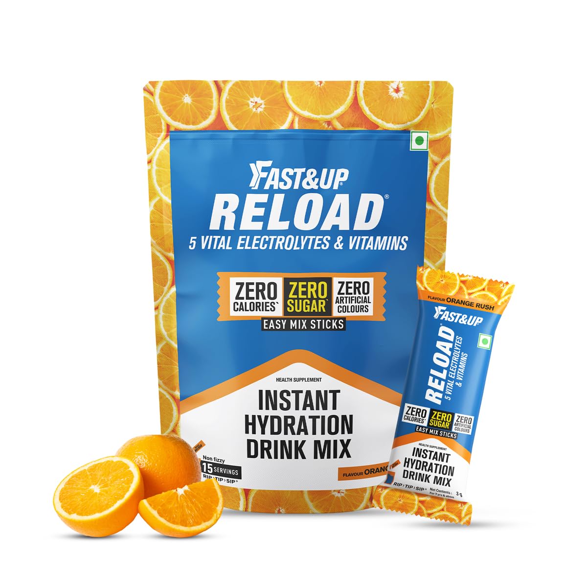 Fast&Up Reload Electrolytes Powder Sachets | Zero Added Sugar Hydration Drink with 5 Essential Electrolytes Vitamin C & B12 | Summer Heat, Workout Recovery, Travel & Wellness | Orange Rush, Pack of 15 Sachets