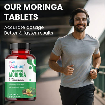 Raskam Organic Moringa Tablet with 1200mg Leaves Extract | Powder Tablets for Immunity, Digestion & Energy | Organic Leaves 120 Tablets