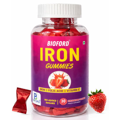Bioford Iron Gummies With Folic Acid & Vitamin E | Strawberry Flavour | No Sugar Added | 30 Gummies | Supports Hemoglobin, Energy & Immunity