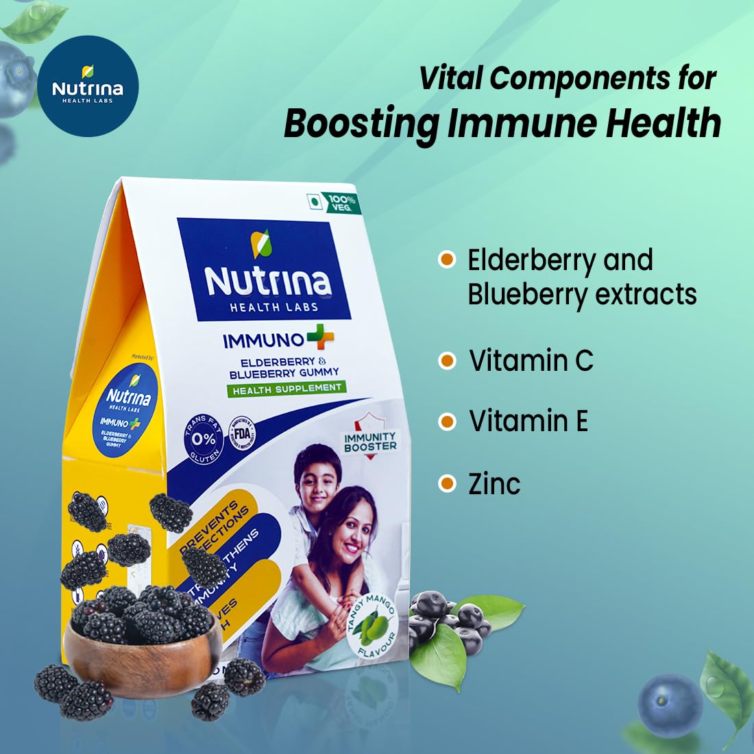 Nutrina Health Labs Immuno Plus Gummies for Men And Women Elderberry, Blueberry Extract, Vitamin C and Zinc Boosts Immunity And Prevents Infections 30 Gummies (Pack of 1)