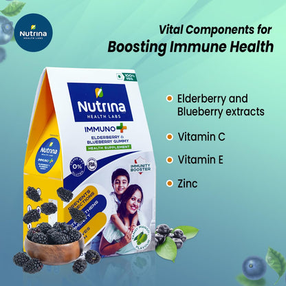 Nutrina Health Labs Immuno Plus Gummies for Men And Women Elderberry, Blueberry Extract, Vitamin C and Zinc Boosts Immunity And Prevents Infections 30 Gummies (Pack of 1)