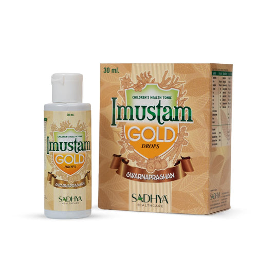 Imustam Swarnaprashan Gold Ayurvedic Drops | Sadhya Healthcare | Children’s Health Tonic for Daily Wellness Support | Immunity Support + Memory and Focus Support | Brahmi, Shankhpushpi, Jyotishmati, Vasa, Amla