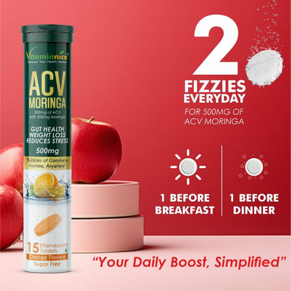 Vitaminnica ACV Moringa Effervescent Tablets To Control Cravings | Reduces Stress, Gut Health, Weight Loss | Sugar Free | 15 Tablets Each (Pack of 8, Orange)