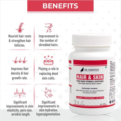 Dr. Sakhiya's Hair & Skin Supplement - Plant-Based Vitamins & Nutrients | Biotin, Collagen, Amino Acids, Vitamin C, Omega-3 | Anti-Hair Fall, Anti-Aging, Hydration, Skin Elasticity | 60 Tablets