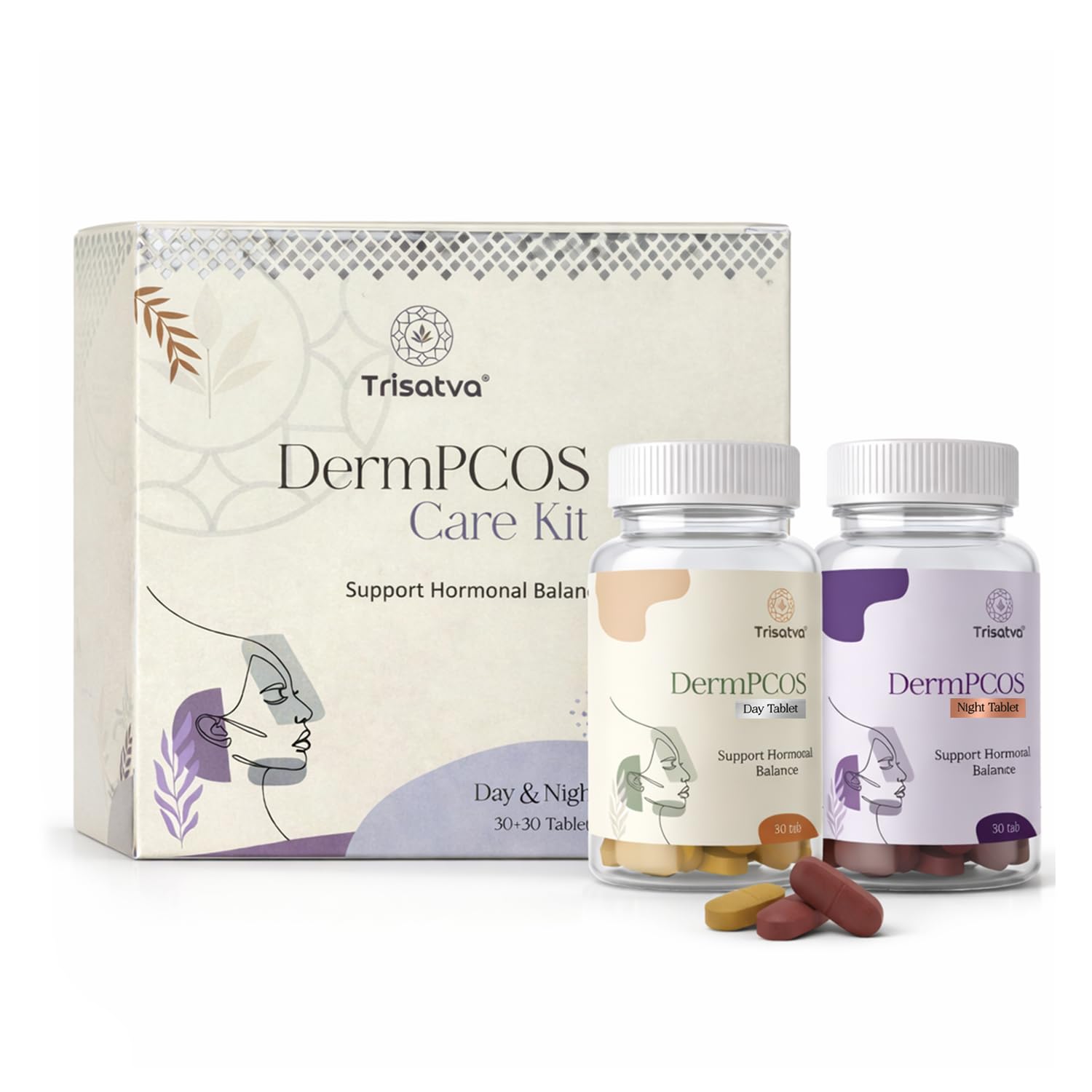 Trisatva DermPCOS Care Kit – PCOS Hormonal Balance, Day & Night, 30+30 Tablets