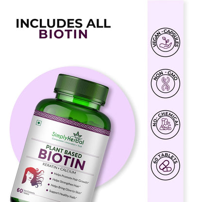 Simply Herbal Plant-Based Biotin Tablets – 60 Tablets | Natural Biotin Supplement | Vegan & Gluten-Free | Supports Daily Nutrition
