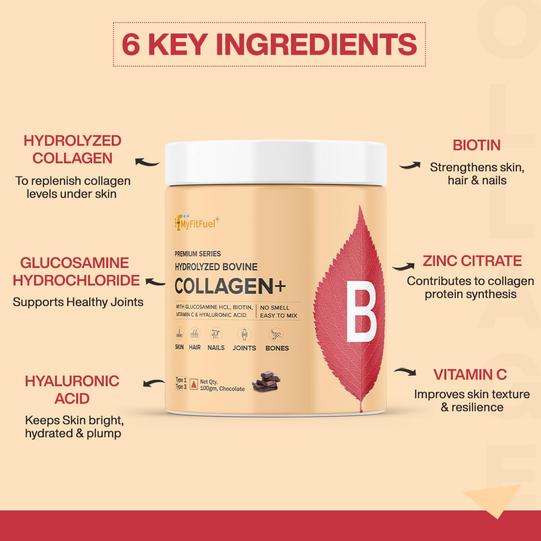 MyFitFuel Hydrolyzed Bovine Collagen with Glucosamine, Hyaluronic Acid, Biotin, Zinc & Vitamin C | For Skin, Hair, Nails & Joints, (250gm), Orange