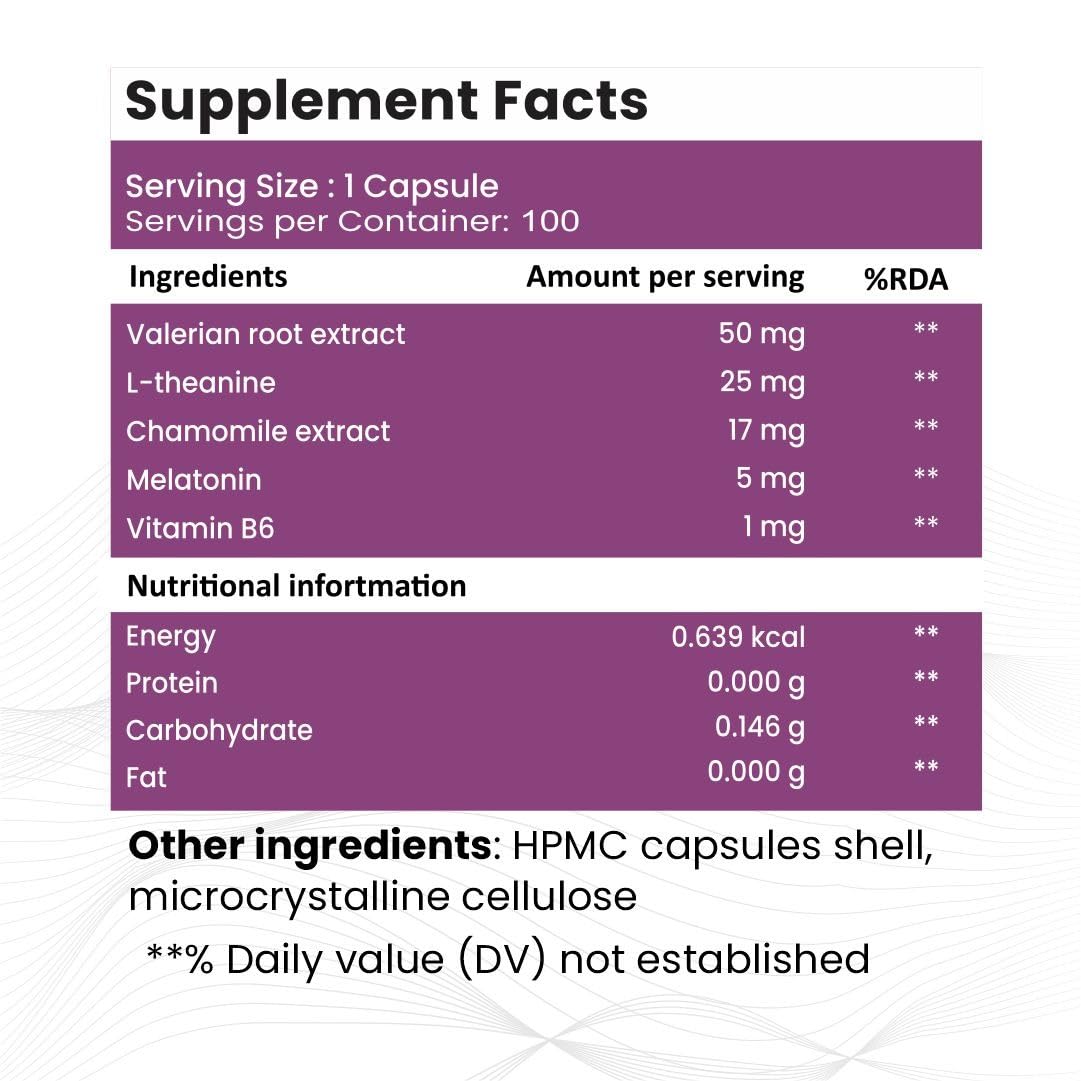 Raskam Healthcare Melatonin with Valerian Root, Chamomile & Vitamin B6 | Sleep Support Supplement | Capsules for Deep & Restful Sleep | Non-Habit Forming | 100 Veg Capsules