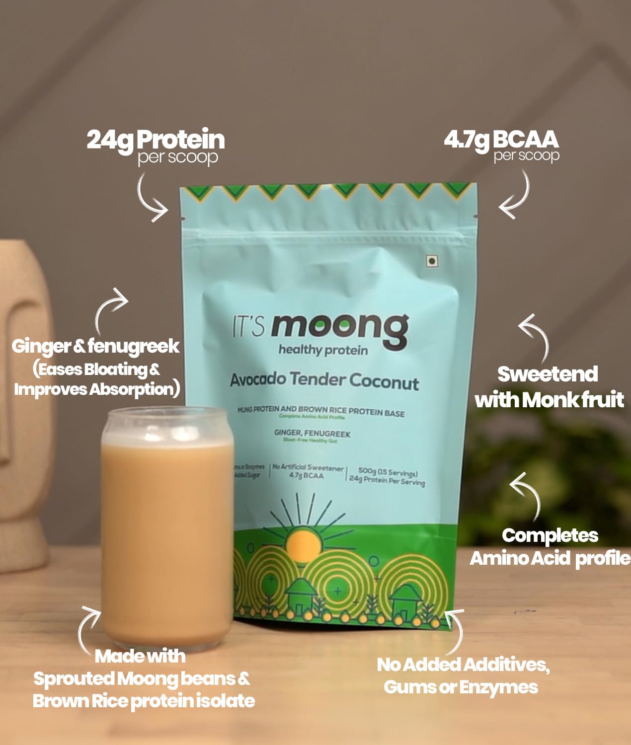 It's Moong Mung Bean & Brown Rice Isolate Plant Protein Powder for Men & Women |24g per serve 4.7g BCAA| Avocado Tender Coconut | 1 kg, 500g each pack of 2 |Sprouted Plant Protein| Plant Based Protein