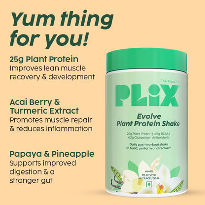 PLIX - THE PLANT FIX EVOLVE Performance Plant Protein Powder For Muscle Gain And Recovery (Vanilla Flavour) 1Kg, Vegan Protein Drink With B12 Vitamin, Helps To Boosts Immunity, No Added Sugar