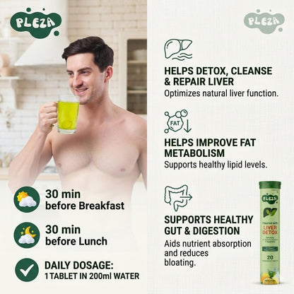 Pleza Liver Detox Plant based Supplement | 250mg Milk Thistle, 600mg NAC, Turmeric & 10 Superherbs with Vitamin C | Liver Cleanse, Toxin Flush & Gut Support | No Sugar, Vegan | Lemon Flavour | 20 Effervescent Tablets