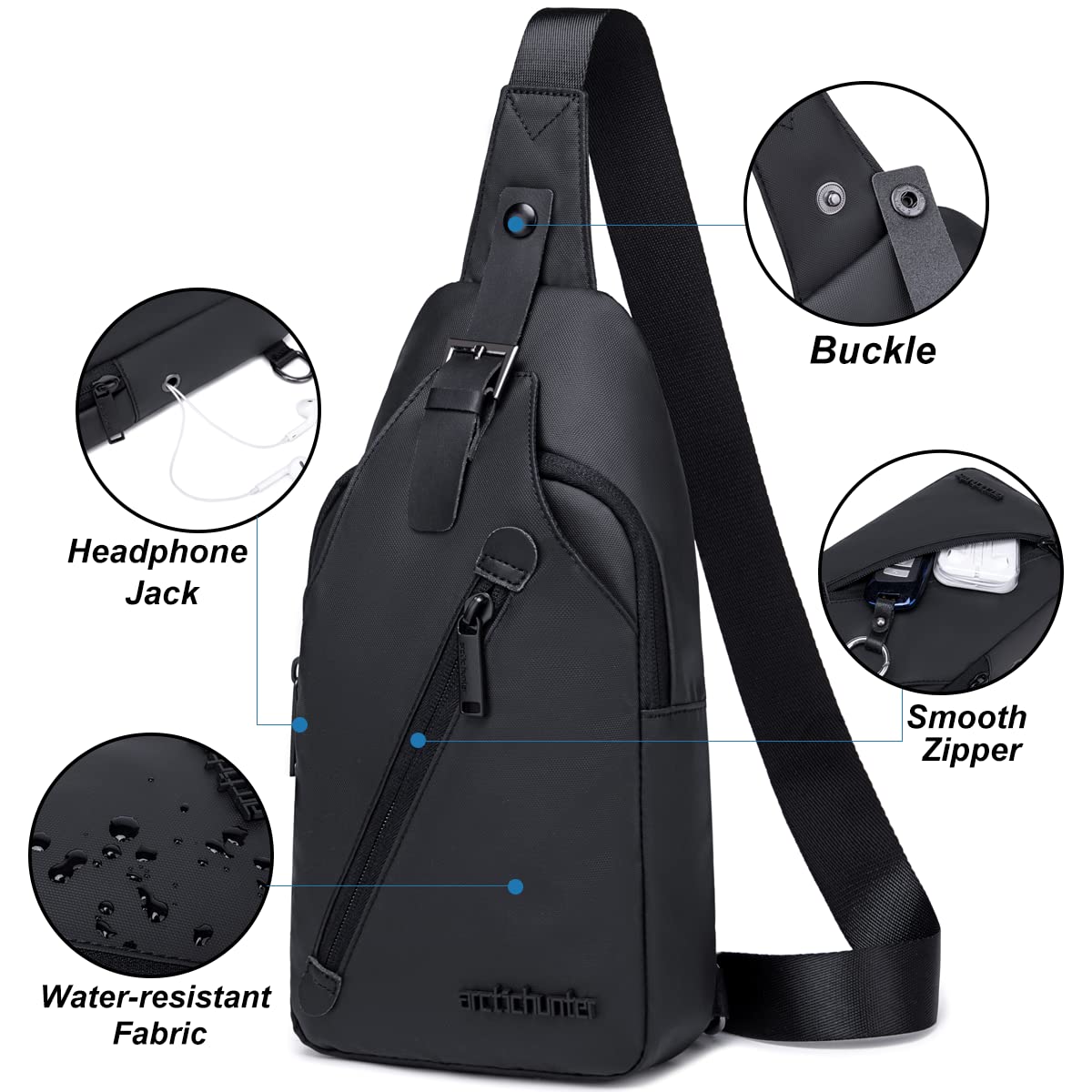 Arctic Hunter Slim Sling Bag for Men Crossbody Pack Chest Bag for Upto 8-inch iPad Small with Earphone Port Water-resistant One Shoulder Side Pouch Mobile Passport Bag for Travel Daypack Office,Black