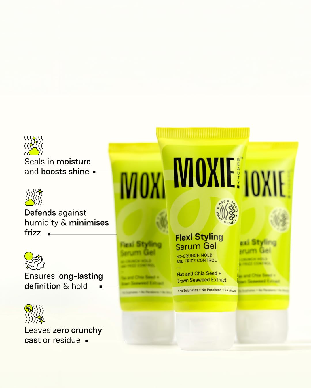 Moxie Beauty Flexi Styling Serum Gel - Medium Hold & 94% Users Reported Frizz Reduction | Non-Crunchy, Non-Sticky | For Frizzy, Dry, Wavy, Curly Hair | Sulphate, Paraben & Silicone Free | 120 m