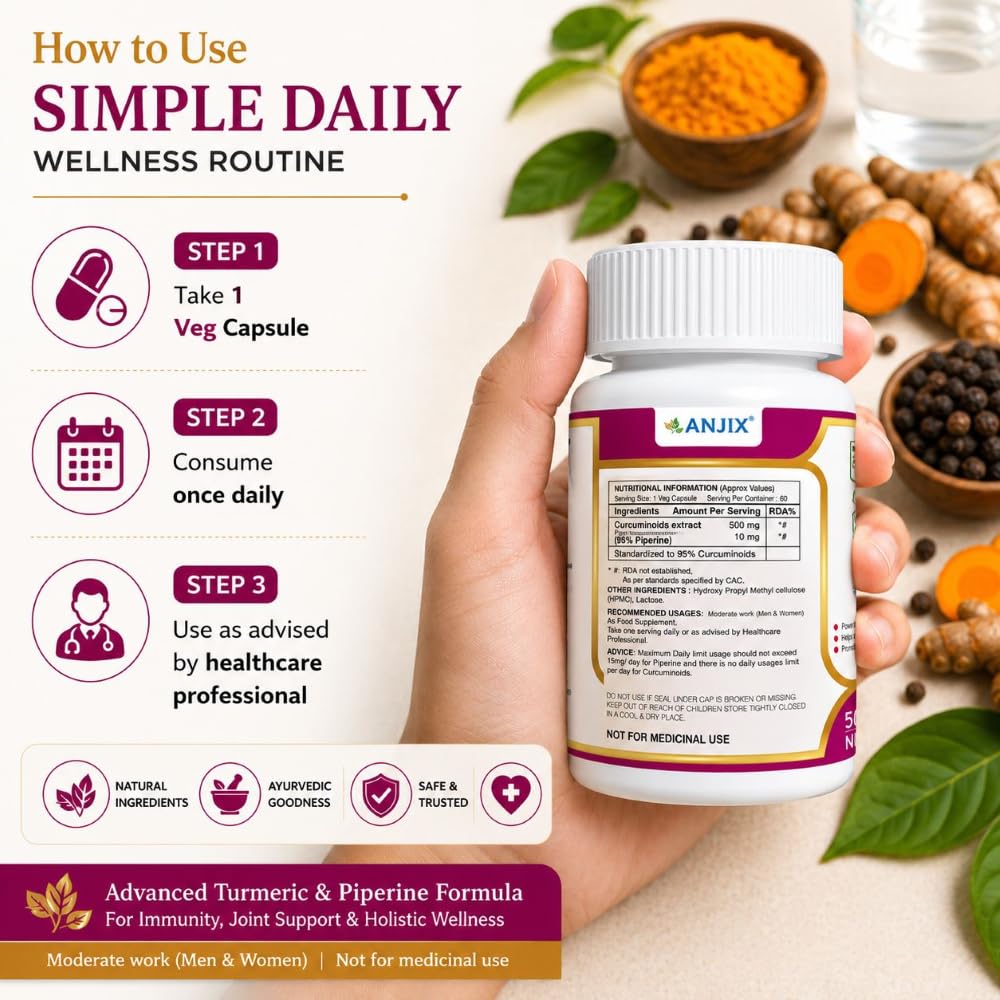 ANJIX Curcumin Capsules with Piperine 500mg | 95% Curcumin Turmeric Extract | Supports Immune Health, Joint Comfort & Overall Wellness | 60 Vegetarian Capsules