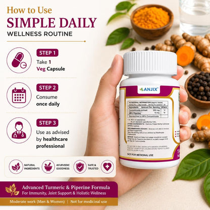ANJIX Curcumin Capsules with Piperine 500mg | 95% Curcumin Turmeric Extract | Supports Immune Health, Joint Comfort & Overall Wellness | 60 Vegetarian Capsules