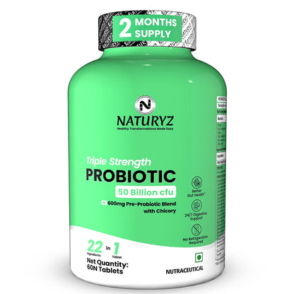 NATURYZ Triple Strength Probiotic 50 Billion CFU with Highest Pre-Probiotic 600 Mg | Chicory Root | 22 Nutrients for Gut Health | 24/7 Digestion | Supports in Occasional Constipation, Diarrhea, Gas & Bloating for Women & Men | No Refrigeration required -