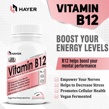 HAYER Vitamin B12 Supplements For Women, Methylcobalamin Vit b 12 green food powder, Plant based vitamin D3 & B1, Moringa, helps to good health & joint support supplement-60 Energy Tablets(Pack1)