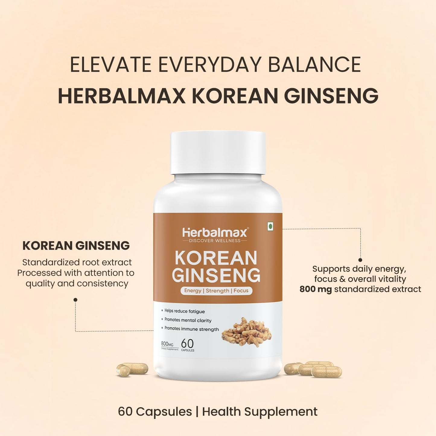 Herbalmax Korean Ginseng Capsules | Supports Immunity, Stamina & Energy | Natural Stress Relief & Vitality Booster Ayurvedic Supplement for Men & Women | Pack of 2, 60 Veg Capsules Each