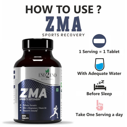 End2End Nutrition Zinc Magnesium Aspartate (ZMA) Supplement for Men & Women with Tribulus, Vitamin B6 and Piperine | High Absorption for Better Sleep, Muscle Cramps, Nerves Health & Sports Recovery - 60 Tablets