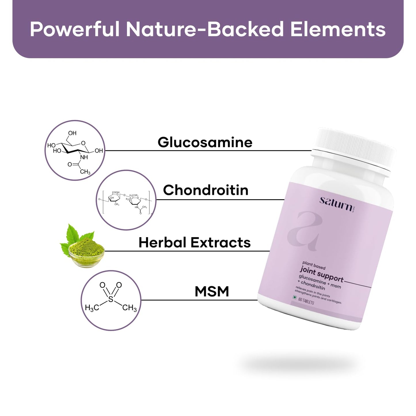 Saturn by GHC Plant Based Joint Support Tablet - 60 Tablet (Pack of 1) | With Glucosamine, Chondriotin, MSM Supplements & Herbal Extract for Strengthening Joints