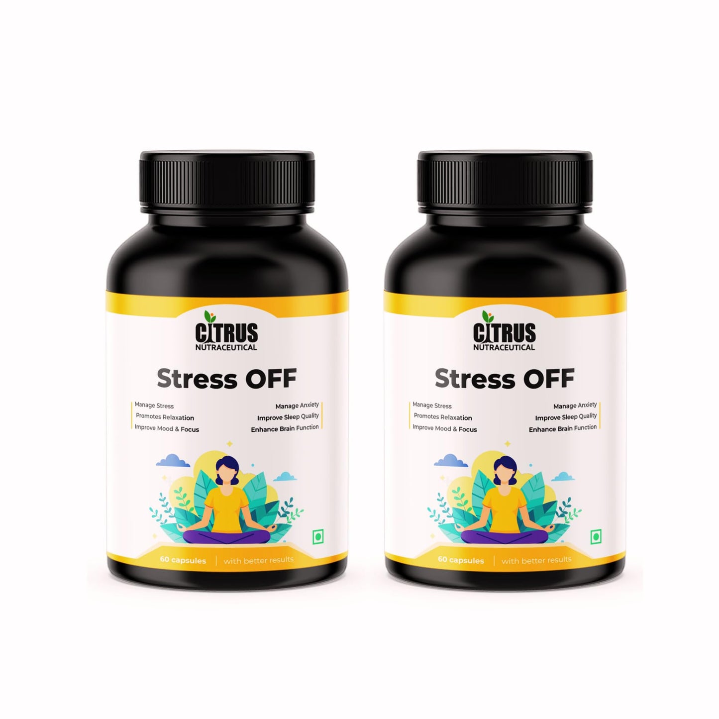CITRUS NUTRACEUTICAL Stress OFF with Ashwagandha, Rhodiola rosea, Passion flower, L- Theanine, GABA and 5- HTP | Supports Mental health Relieve stress Reduce anxiety- 120 Capsules (Pack of 2)