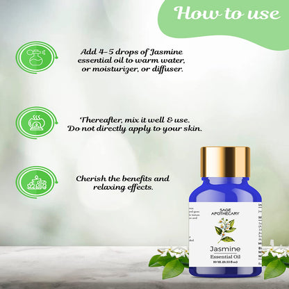 Sage Apothecary Jasmine Essential Oil 100% Pure & Natural for Healthy Skin Care, Face, helps Hair Growth, Diffuser Aromatherapy Fragrance & Massage, Stress Relief -10ml