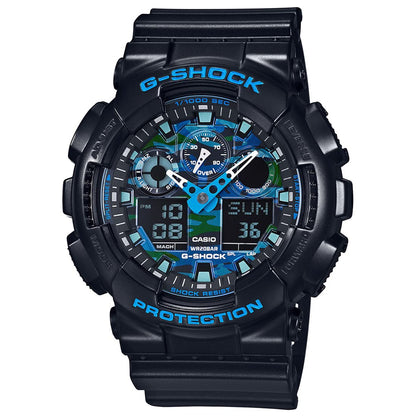 Casio G-Shock GA-100CB-1ADR Black & Blue Camouflage Analog-Digital Dial Black Resin Strap Men's Watch Shock And 200M Water Resistant G625