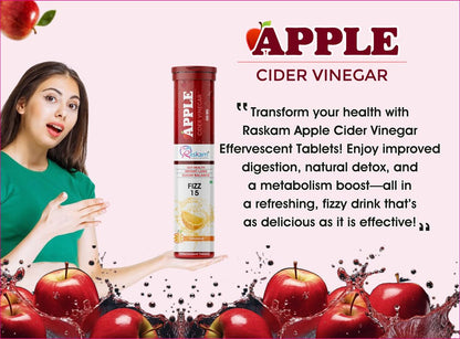 Raskam ACV Apple Cider Vinegar Effervescent Fizz 15 Tablets - For Weight Loss | Refreshing Detox & Metabolism Boost, No added Sugar (Pack of 1), Orange Flavour