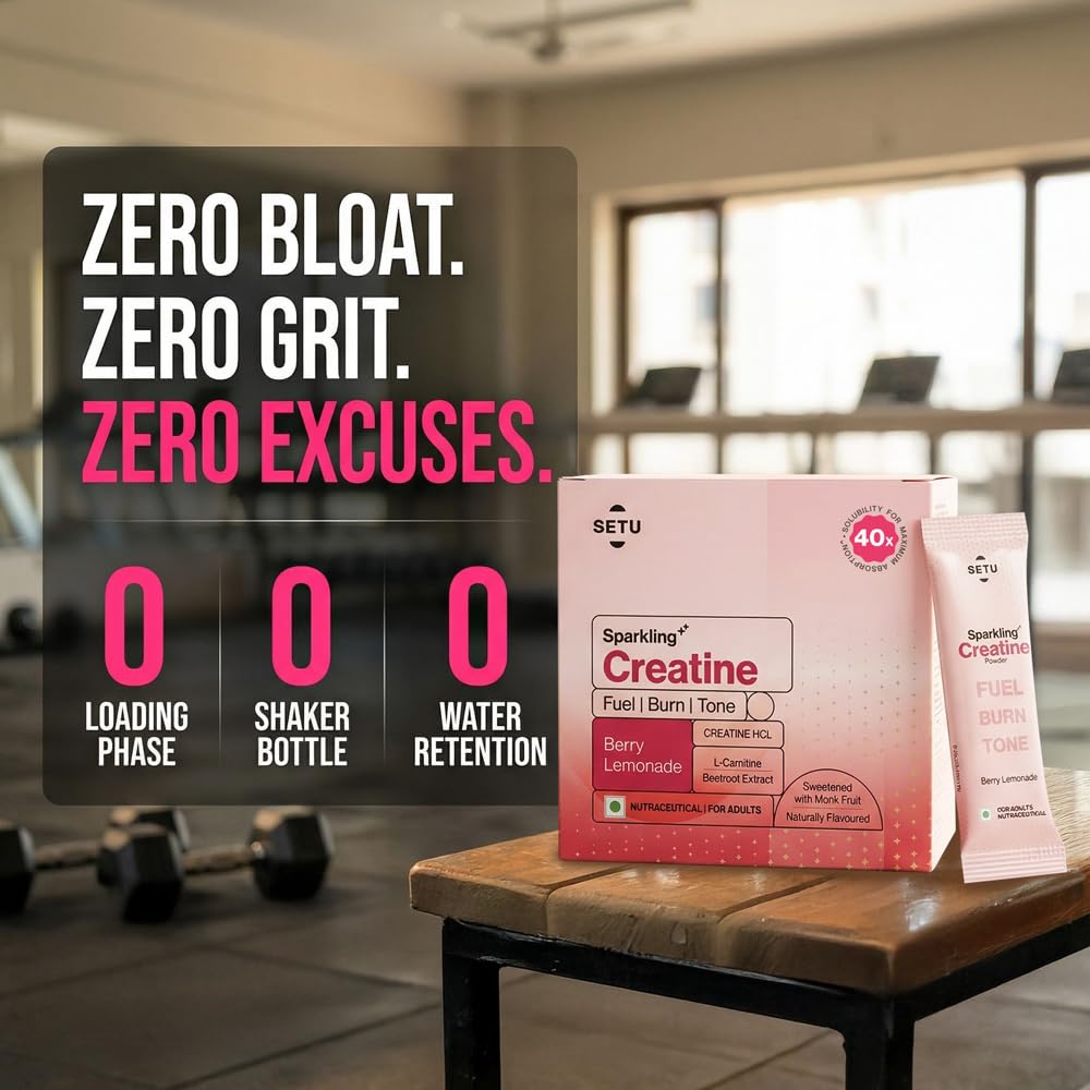 Setu Sparkling Creatine HCL | Effervescent Powder | With L-Carnitine & Beetroot Extract | For Lean Muscles, Stamina & Recovery | Berry Lemonade Flavor | 25 Servings