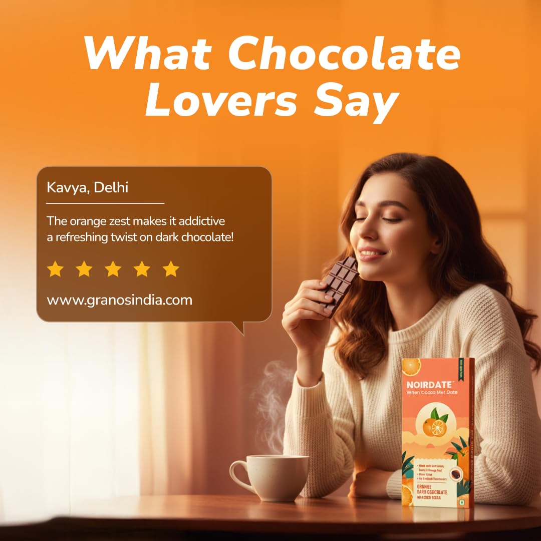 NoirDate Orange Dark Chocolate - 75g, Bean to Bar, Sweetened with Dates, Refined Sugar Free, Clean Label, Healthy & Tasty Indulgence, Vegan, Gluten-Free, Antioxidant Rich (Pack of 1)