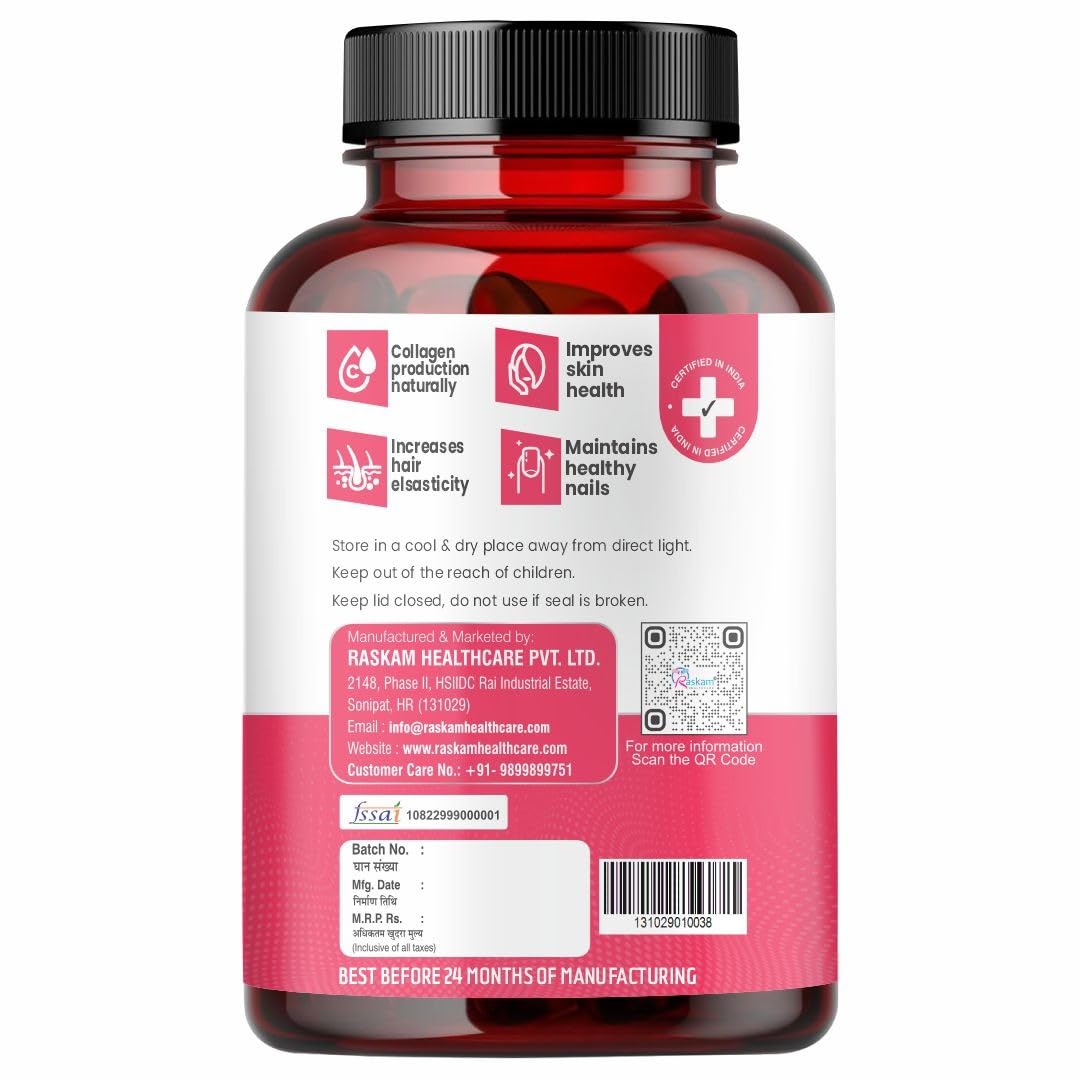 Raskam Plant Based Collagen- Anti-Aging Supplements For Women,Natural,Youthful Glow,Wrinkle-Free Skin,Promotes Skin Regeneration,Improves Skin Elasticity,Silica&Hyaluronic Acid-60 Capsules